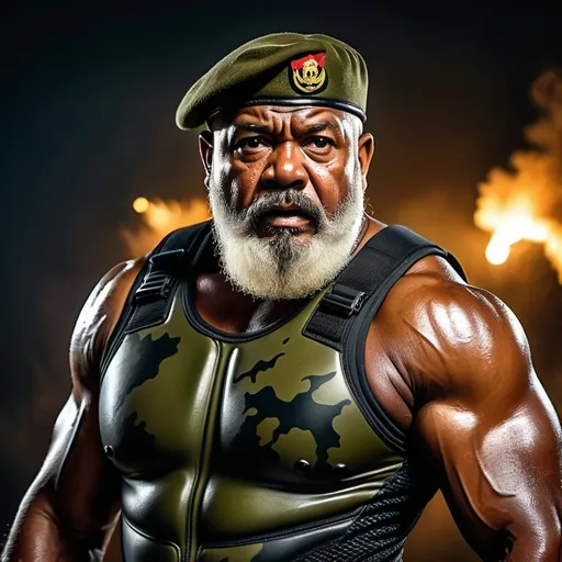 Prompt: (a dark-skinned bearded fat old man in camouflage skintight wetsuit) flexing his biceps, (wearing army beret on his head), muscular,  Bruce Onobrakpeya, sumatraism, action, a character portrait, angry, heroic, dynamic action pose, fierce expression, showcasing an imposing stature, surrounded by military elements, dramatic shadows and intense highlights, cinematic color tones, high detail, powerful, ultra-detailed, best quality image, action-packed atmosphere.