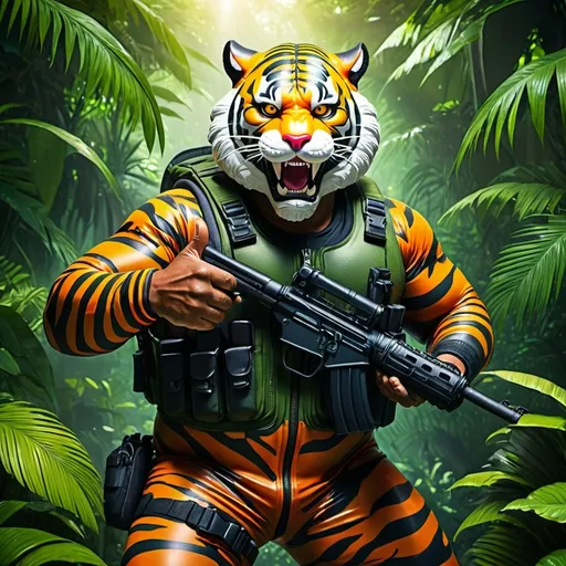 Prompt: (a dark-skinned fat old man in a bulky camouflage zipper diver suit) (wearing realistic roaring tiger mask), thumbs up, carrying a gun holster, muscular, imposing stature, Basuki Abdullah, sumatraism, action, a character portrait, heroic, fierce, snarling, best quality