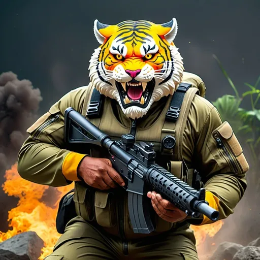 Prompt: (a dark-skinned bearded fat old man in a bulky camouflage zipper diver suit) holding a gun and (wearing proportionate realistic roaring tiger mask that show the wearer eyes), muscular, Basuki Abdullah, sumatraism, action, a character portrait, heroic, fierce, snarling, best quality

