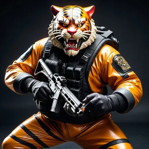 Prompt: (a dark-skinned bearded fat old man in a bulky camouflage zipper diver suit) holding a gun and (wearing small-sized realistic roaring tiger mask that show the wearer eyes), muscular, Bruce Onobrakpeya, sumatraism, stanley artgermm, action, fierce, snarling, best quality
