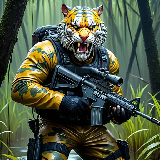 Prompt: (a dark-skinned bearded fat muscular old man in a bulky army camouflage zipper diver suit) holding an assault rifle, (wearing a small-sized realistic roaring tiger mask), dynamic action pose,angry expression,  fierce expression, showcasing an imposing stature, surrounded by military elements, dramatic shadows and intense highlights, cinematic color tones, high detail, powerful, art influenced by Bruce Onobrakpeya and Stanley Artgerm, ultra-detailed, best quality image, action-packed atmosphere, patrolling in the swamp, dripping wet