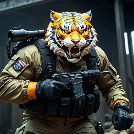 Prompt: (a dark-skinned bearded fat muscular old man in a bulky army camouflage zipper diver suit) holding a gun, (wearing a small-sized realistic roaring tiger mask), dynamic action pose, fierce expression, showcasing an imposing stature, surrounded by military elements, dramatic shadows and intense highlights, cinematic color tones, high detail, powerful, art influenced by Bruce Onobrakpeya and Stanley Artgerm, ultra-detailed, best quality image, action-packed atmosphere, angry expression.
