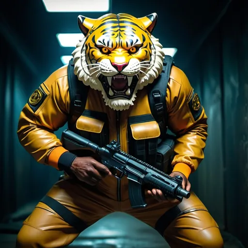 Prompt: (a dark-skinned bearded fat muscular old man in a bulky army camouflage zipper diver suit) holding a gun, (wearing a small-sized realistic roaring tiger mask), dynamic action pose, fierce expression, showcasing an imposing stature, surrounded by military elements, dramatic shadows and intense highlights, cinematic color tones, high detail, powerful, art influenced by Bruce Onobrakpeya and Stanley Artgerm, ultra-detailed, best quality image, action-packed atmosphere. 