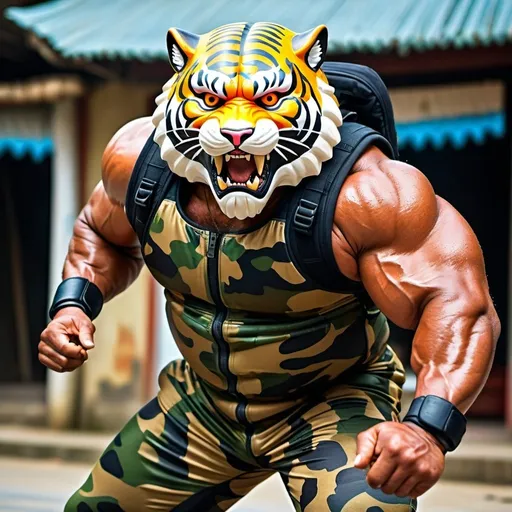 Prompt: (a dark-skinned bearded muscular fat old man in a bulky camouflage zipper diver suit) carrying a rifle and (wearing proportionate realistic roaring tiger mask that show the wearer eyes), muscular, Bruce Onobrakpeya, sumatraism, stanley artgermm, muscular physique, imposing stature,  action, heroic, fierce, snarling, best quality
