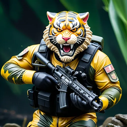 Prompt: (a dark-skinned bearded fat muscular old man in a bulky army camouflage zipper diver suit) shooting with gun and (wearing small-sized realistic roaring tiger mask), muscular, Bruce Onobrakpeya, sumatraism, stanley artgermm, action, fierce, snarling, best quality