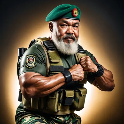 Prompt: (a dark-skinned bearded fat old man in skintight camouflage diver suit) flexing his biceps, (wearing army beret on his head), muscular, toned muscles, imposing stature, Basuki Abdullah, sumatraism, action, a character portrait, clenching fists