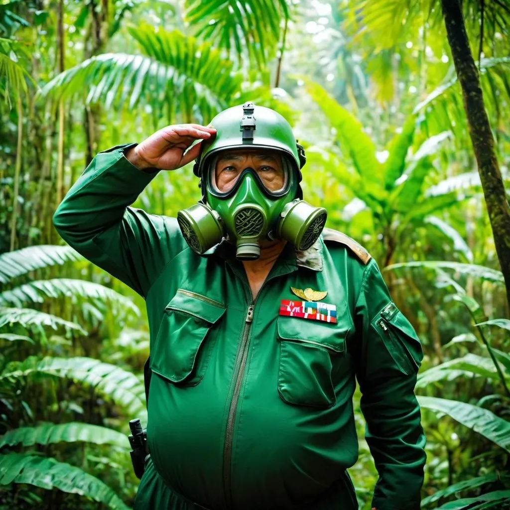 Prompt: (a fat old man in a green pilot suit) and (wearing a green military helmet on his head), wearing gas mask that cover his face, standing and saluting in a jungle, elderly, masculine, muscular, Basuki Abdullah, sumatraism, action, a stock photo