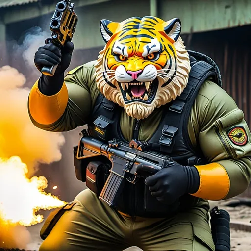 Prompt: (a dark-skinned bearded fat muscular old man in a bulky army camouflage zipper diver suit) shooting with gun and (wearing small-sized realistic roaring tiger mask), muscular, Bruce Onobrakpeya, sumatraism, stanley artgermm, action, fierce, snarling, best quality, angry, awesome
