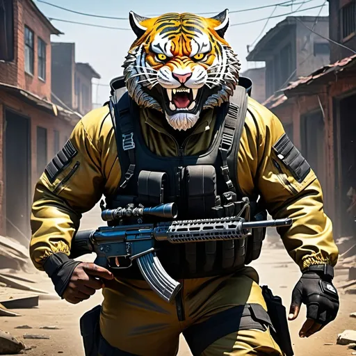 Prompt: (a dark-skinned bearded fat muscular old man in a bulky army camouflage zipper diver suit) holding a rifle, (wearing a small-sized realistic roaring tiger mask), dynamic action pose, fierce expression, showcasing an imposing stature, surrounded by military elements, dramatic shadows and intense highlights, cinematic color tones, high detail, powerful, art influenced by Bruce Onobrakpeya and Stanley Artgerm, ultra-detailed, best quality image, action-packed atmosphere. destroyed town background