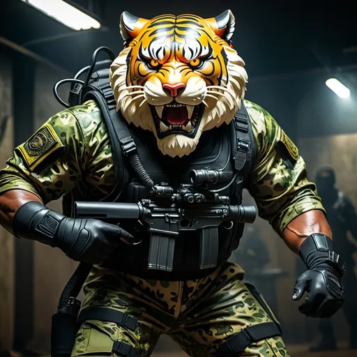 Prompt: (a dark-skinned bearded fat muscular old man in a bulky army camouflage zipper diver suit) holding a rifle, (wearing a small-sized realistic roaring tiger mask), dynamic action pose, fierce expression, showcasing an imposing stature, surrounded by military elements, dramatic shadows and intense highlights, cinematic color tones, high detail, powerful, art influenced by Bruce Onobrakpeya and Stanley Artgerm, ultra-detailed, best quality image, action-packed atmosphere. fighting stance