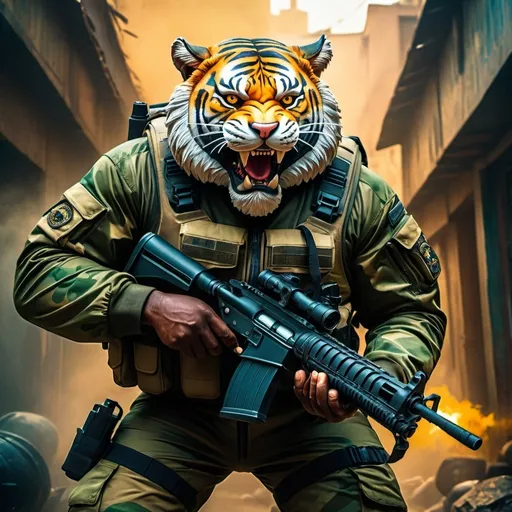 Prompt: (a dark-skinned bearded fat muscular old man in a bulky army camouflage zipper diver suit) holding a gun, (wearing a small-sized realistic roaring tiger mask), dynamic action pose, fierce expression, showcasing an imposing stature, surrounded by military elements, dramatic shadows and intense highlights, cinematic color tones, high detail, powerful, art influenced by Bruce Onobrakpeya and Stanley Artgerm, ultra-detailed, best quality image, action-packed atmosphere.