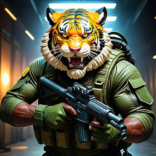 Prompt: (a dark-skinned bearded fat muscular old man in a bulky army camouflage zipper diver suit) holding a gun, (wearing a small-sized realistic roaring tiger mask), dynamic action pose, fierce expression, showcasing an imposing stature, surrounded by military elements, dramatic shadows and intense highlights, cinematic color tones, high detail, powerful, art influenced by Bruce Onobrakpeya and Stanley Artgerm, ultra-detailed, best quality image, action-packed atmosphere. thumbs up pose