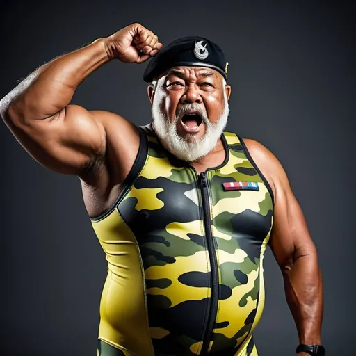 Prompt: (a dark-skinned bearded fat old man in camouflage skintight wetsuit) flexing his biceps, (wearing army beret on his head), shouting, muscular, toned muscles, imposing stature, Basuki Abdullah, sumatraism, action, a character portrait