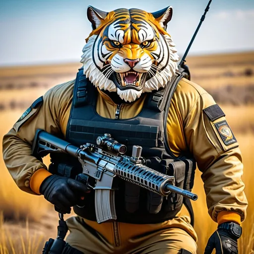 Prompt: (a dark-skinned bearded fat muscular old man in a bulky army camouflage zipper diver suit) holding a rifle, (wearing a small-sized realistic roaring tiger mask), dynamic action pose, fierce expression, showcasing an imposing stature, surrounded by military elements, dramatic shadows and intense highlights, cinematic color tones, high detail, powerful, art influenced by Bruce Onobrakpeya and Stanley Artgerm, ultra-detailed, best quality image, action-packed atmosphere. prairie background