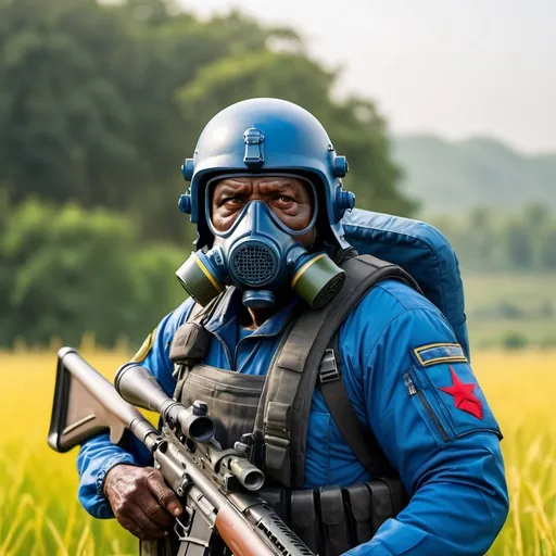Prompt: (a dark-skinned bearded fat old man in a blue pilot suit) patrolling in a field with sniper rifle and (wearing black air force pilot helmet and gas mask), muscular physique, Don Arday, sumatraism, action, a character portrait, heroic, fierce