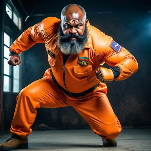 Prompt: (a dark-skinned bearded muscular chubby old man in orange pilot suit), fighting stance, wearing army boots, imposing stature, muscular physique, toned muscles, Basuki Abdullah, sumatraism, action, a character portrait, heroic, fierce, intense