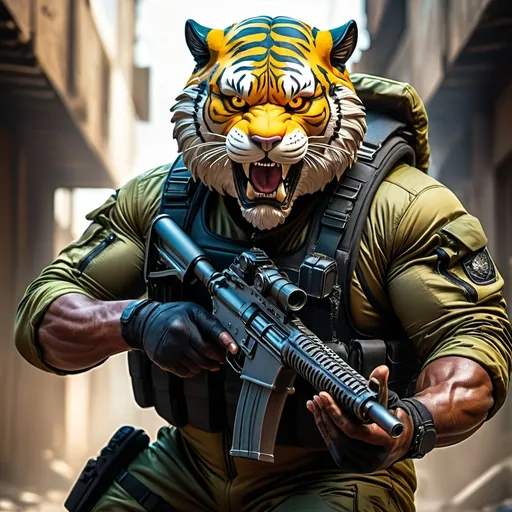 Prompt: (a dark-skinned bearded fat muscular old man in a bulky army camouflage zipper diver suit) holding a gun, (wearing a small-sized realistic roaring tiger mask), dynamic action pose, fierce expression, showcasing an imposing stature, surrounded by military elements, dramatic shadows and intense highlights, cinematic color tones, high detail, powerful, art influenced by Bruce Onobrakpeya and Stanley Artgerm, ultra-detailed, best quality image, action-packed atmosphere.