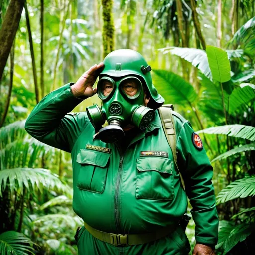 Prompt: (a fat old man in a green pilot suit) and (wearing a green military helmet on his head), wearing gas mask that cover his face, standing and saluting in a jungle, elderly, masculine, muscular, Basuki Abdullah, sumatraism, action, a stock photo