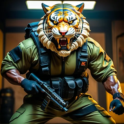 Prompt: (a dark-skinned bearded fat muscular old man in a bulky army camouflage zipper diver suit) holding a rifle, (wearing a small-sized realistic roaring tiger mask), dynamic action pose, fierce expression, showcasing an imposing stature, surrounded by military elements, dramatic shadows and intense highlights, cinematic color tones, high detail, powerful, art influenced by Bruce Onobrakpeya and Stanley Artgerm, ultra-detailed, best quality image, action-packed atmosphere. martial arts stance