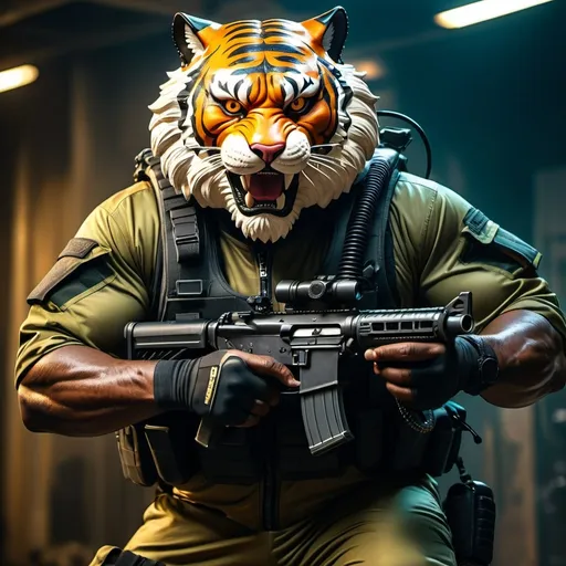 Prompt: (a dark-skinned bearded fat muscular old man in a bulky army camouflage zipper diver suit) holding a gun, (wearing a small-sized realistic roaring tiger mask), dynamic action pose, fierce expression, showcasing an imposing stature, surrounded by military elements, dramatic shadows and intense highlights, cinematic color tones, high detail, powerful, art influenced by Bruce Onobrakpeya and Stanley Artgerm, ultra-detailed, best quality image, action-packed atmosphere.