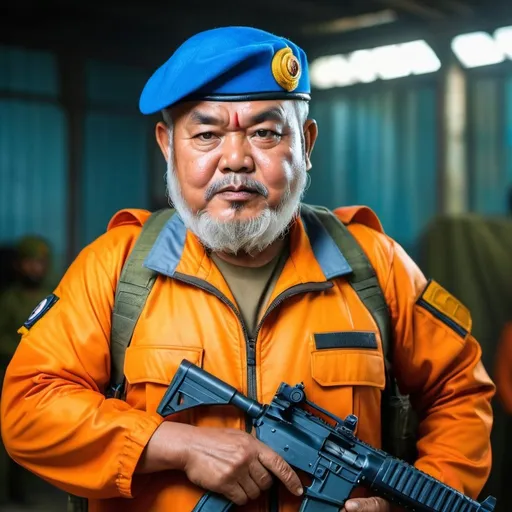 Prompt: (a bearded fat old man in an orange pilot suit) holding a gun and (wearing blue army beret on his head), muscular, Basuki Abdullah, sumatraism, action, a character portrait