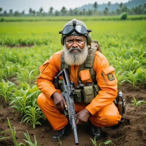 Prompt: a dark-skinned fat bearded old men in orange pilot suit crouching in a field with guns in his hands and one holding a gun, wearing army helmet on his head, Bruce Onobrakpeya, sumatraism, stanley artgermm, masculine, full round face, a stock photo