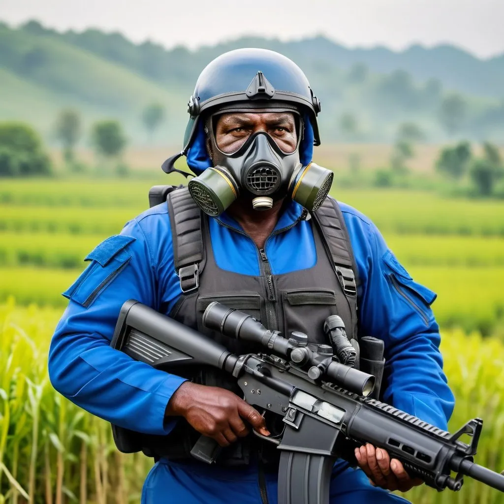 Prompt: (a dark-skinned bearded fat old man in a blue pilot suit) patrolling in a field with sniper rifle and (wearing black air force pilot helmet and gas mask), muscular physique, Don Arday, sumatraism, action, a character portrait, heroic, fierce, intense, 