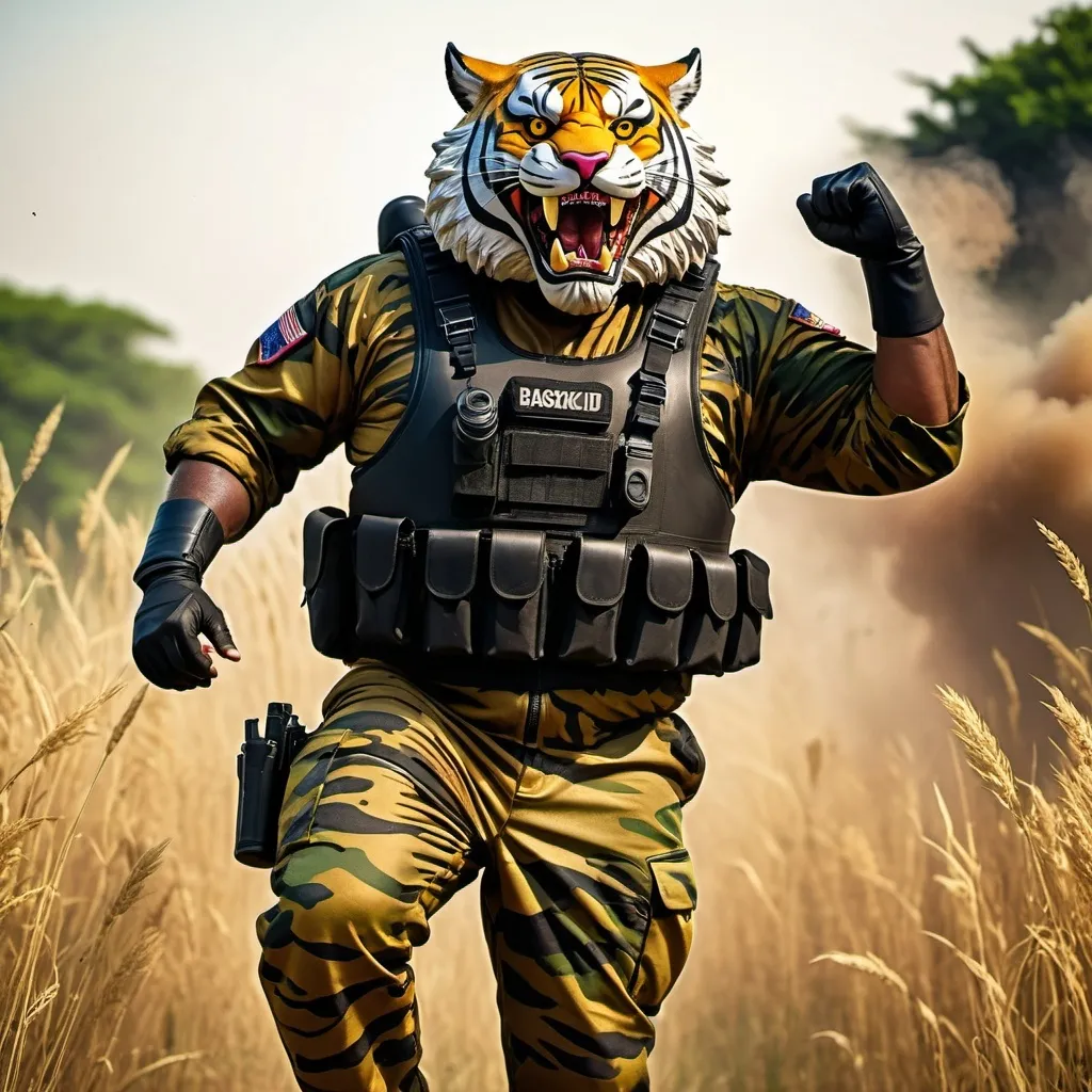 Prompt: (a dark-skinned bearded fat old man in army camouflage zipper diver suit) (wearing proportionate realistic roaring tiger mask that show the wearer eyes), raising fist, carrying a gun holster on his right hip, patrolling in a field, dynamic action pose, fierce expression, showcasing an imposing stature, surrounded by military elements, dramatic shadows and intense highlights, cinematic color tones, high detail, powerful, art influenced by Basuki Abdullah, ultra-detailed, best quality image, action-packed atmosphere.