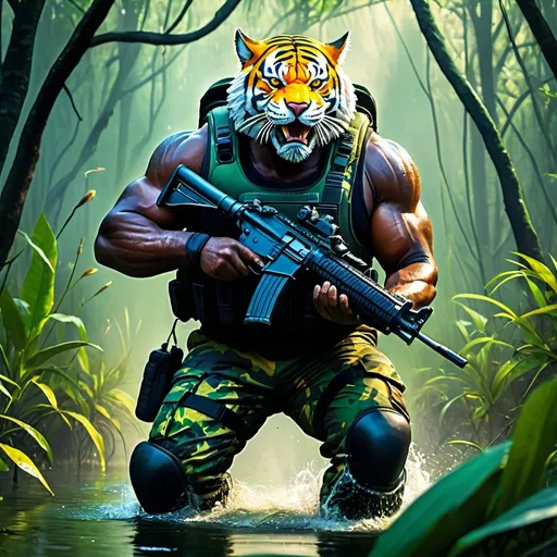 Prompt: (a dark-skinned bearded fat muscular old man in a bulky army camouflage zipper diver suit) holding a gun, (wearing a small-sized realistic roaring tiger mask), dynamic action pose, fierce expression, showcasing an imposing stature, surrounded by military elements, dramatic shadows and intense highlights, cinematic color tones, high detail, powerful, art influenced by Bruce Onobrakpeya and Stanley Artgerm, ultra-detailed, best quality image, action-packed atmosphere. patrolling in a swamp