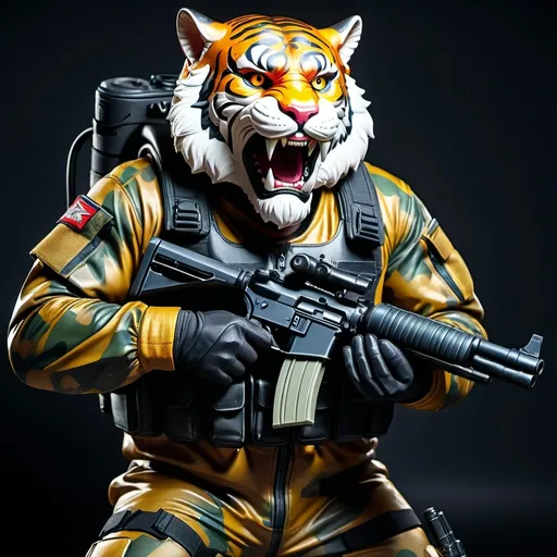 Prompt: (a dark-skinned bearded fat muscular old man in a bulky army camouflage zipper diver suit) holding a gun, (wearing a small-sized realistic roaring tiger mask), dynamic action pose, fierce expression, showcasing an imposing stature, surrounded by military elements, dramatic shadows and intense highlights, cinematic color tones, high detail, powerful, art influenced by Bruce Onobrakpeya and Stanley Artgerm, ultra-detailed, best quality image, action-packed atmosphere.