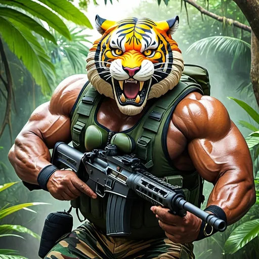 Prompt: (a dark-skinned bearded muscular fat old man in a camouflage zipper diver suit) (wearing proportionate realistic roaring tiger mask that show the wearer eyes), holding a rifle, muscular, Bruce Onobrakpeya, sumatraism, stanley artgermm, muscular physique, imposing stature,  action, heroic, fierce, snarling, best quality, awesome, angry, saluting, jungle background