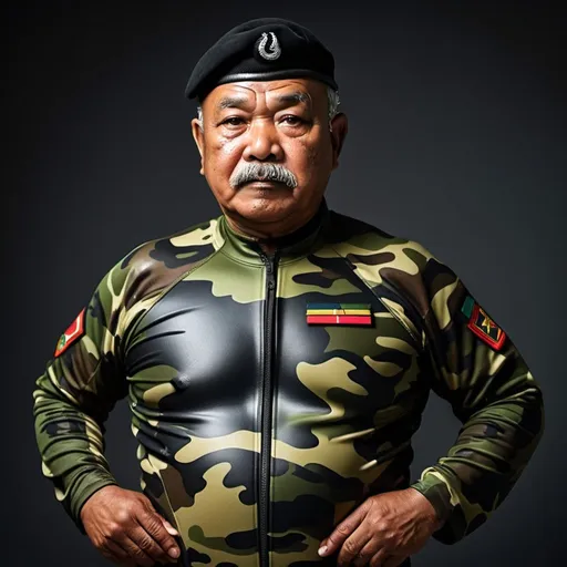 Prompt: (a dark-skinned moustached fat old man in camouflage skintight wetsuit) rubbing his belly, (wearing army beret on his head), muscular, Basuki Abdullah, sumatraism, action, a character portrait, heroic, fierce