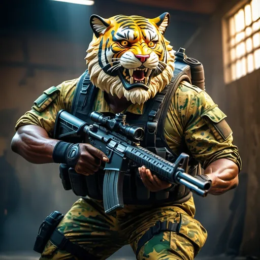 Prompt: (a dark-skinned bearded fat muscular old man in a bulky army camouflage zipper diver suit) holding a rifle, (wearing a small-sized realistic roaring tiger mask), dynamic action pose, fierce expression, showcasing an imposing stature, surrounded by military elements, dramatic shadows and intense highlights, cinematic color tones, high detail, powerful, art influenced by Bruce Onobrakpeya and Stanley Artgerm, ultra-detailed, best quality image, action-packed atmosphere. thumbs up pose