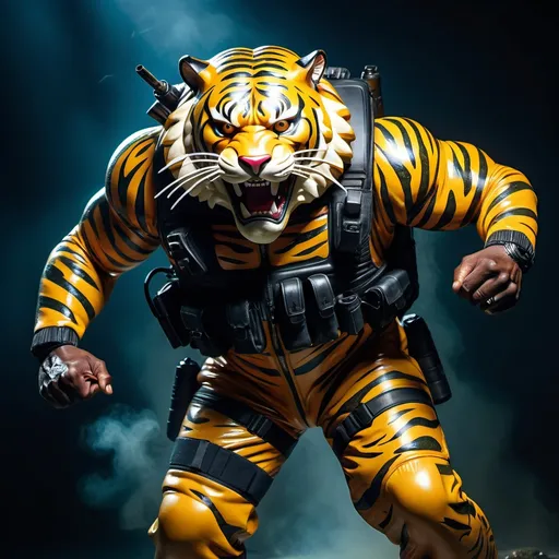 Prompt: (a dark-skinned fat muscular old man in a bulky army camouflage zipper diver suit) carrying a gun, (wearing realistic roaring tiger mask), dynamic action pose, fierce expression, showcasing an imposing stature, surrounded by military elements, dramatic shadows and intense highlights, cinematic color tones, high detail, powerful, art influenced by Bruce Onobrakpeya and Stanley Artgerm, ultra-detailed, best quality image, action-packed atmosphere. thumbs up pose
