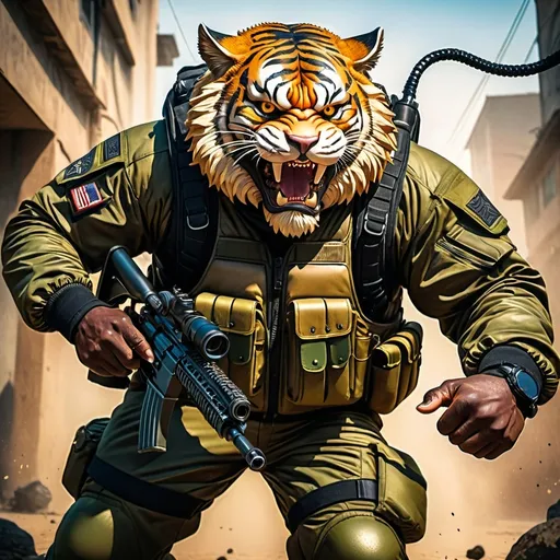 Prompt: (a dark-skinned bearded fat muscular old man in a bulky army camouflage zipper diver suit) holding a rifle, (wearing a small-sized realistic roaring tiger mask), dynamic action pose, fierce expression, showcasing an imposing stature, surrounded by military elements, dramatic shadows and intense highlights, cinematic color tones, high detail, powerful, art influenced by Bruce Onobrakpeya and Stanley Artgerm, ultra-detailed, best quality image, action-packed atmosphere. fighting pose