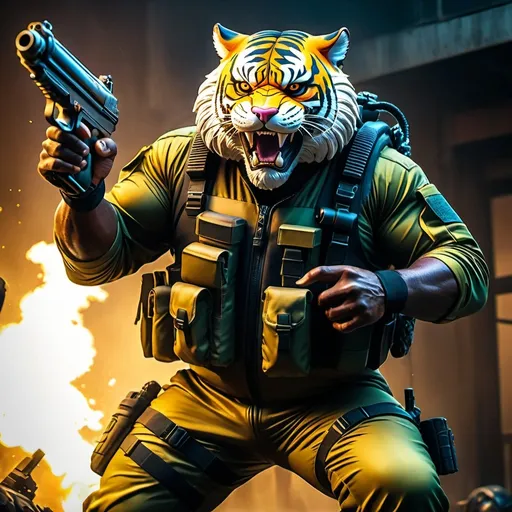 Prompt: (a dark-skinned bearded fat muscular old man in a bulky army camouflage zipper diver suit) holding a gun, (wearing a small-sized realistic roaring tiger mask), dynamic action pose, fierce expression, showcasing an imposing stature, surrounded by military elements, dramatic shadows and intense highlights, cinematic color tones, high detail, powerful, art influenced by Bruce Onobrakpeya and Stanley Artgerm, ultra-detailed, best quality image, action-packed atmosphere.