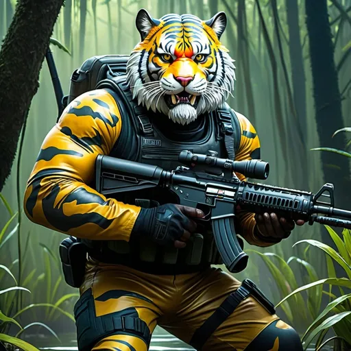 Prompt: (a dark-skinned bearded fat muscular old man in a bulky army camouflage zipper diver suit) holding an assault rifle, (wearing a small-sized realistic roaring tiger mask), dynamic action pose, fierce expression, showcasing an imposing stature, surrounded by military elements, dramatic shadows and intense highlights, cinematic color tones, high detail, powerful, art influenced by Bruce Onobrakpeya and Stanley Artgerm, ultra-detailed, best quality image, action-packed atmosphere, patrolling in the swamp