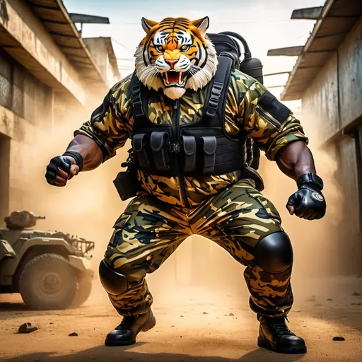 Prompt: (a dark-skinned bearded fat muscular old man in a bulky army camouflage zipper diver suit), raising fist, carrying a rifle, (wearing a small-sized realistic roaring tiger mask), dynamic action pose, fierce expression, showcasing an imposing stature, dramatic shadows and intense highlights, cinematic color tones, high detail, powerful, art influenced by Bruce Onobrakpeya and Stanley Artgerm, ultra-detailed, best quality image, action-packed atmosphere. field background