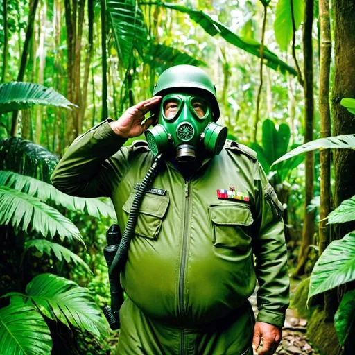 Prompt: (a fat old man in a green pilot suit) and (wearing a green military helmet on his head), wearing gas mask that cover his face, standing and saluting in a jungle, elderly, masculine, muscular, Basuki Abdullah, sumatraism, action, a stock photo