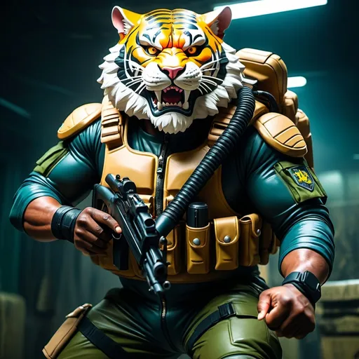 Prompt: (a dark-skinned bearded fat muscular old man in a bulky army camouflage zipper diver suit) holding a gun, (wearing a small-sized realistic roaring tiger mask), dynamic action pose, fierce expression, showcasing an imposing stature, surrounded by military elements, dramatic shadows and intense highlights, cinematic color tones, high detail, powerful, art influenced by Bruce Onobrakpeya and Stanley Artgerm, ultra-detailed, best quality image, action-packed atmosphere.