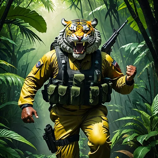 Prompt: (a dark-skinned bearded fat old man in army camouflage zipper diver suit) (wearing proportionate realistic roaring tiger mask that show the wearer eyes), raising fist, carrying a gun holster on his right hip, shooting in jungle, dynamic action pose, fierce expression, showcasing an imposing stature, surrounded by military elements, dramatic shadows and intense highlights, cinematic color tones, high detail, powerful, art influenced by Basuki Abdullah, ultra-detailed, best quality image, action-packed atmosphere.