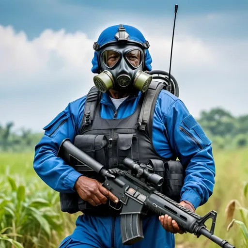 Prompt: (a dark-skinned bearded fat old man in a blue pilot suit) patrolling in a field with sniper rifle and (wearing black air force pilot helmet and gas mask), muscular physique, Don Arday, sumatraism, action, a character portrait, heroic, fierce, intense, 