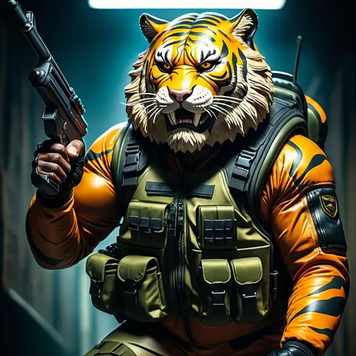 Prompt: (a dark-skinned bearded fat muscular old man in a bulky army camouflage zipper diver suit) holding a rifle, (wearing a small-sized realistic roaring tiger mask), dynamic action pose, fierce expression, showcasing an imposing stature, surrounded by military elements, dramatic shadows and intense highlights, cinematic color tones, high detail, powerful, art influenced by Bruce Onobrakpeya and Stanley Artgerm, ultra-detailed, best quality image, action-packed atmosphere. thumbs up pose