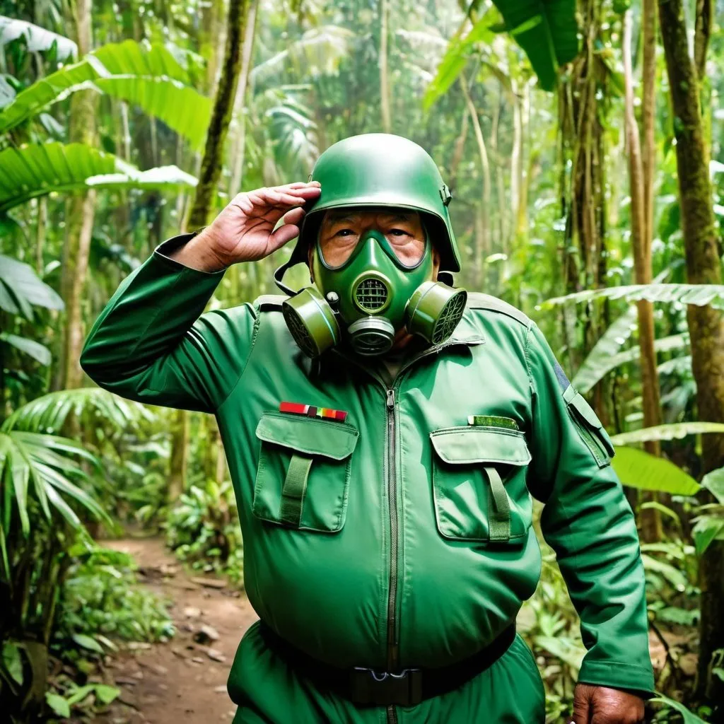 Prompt: (a fat old man in a green pilot suit) and (wearing a green military helmet on his head), wearing gas mask that cover his face, standing and saluting in a jungle, elderly, masculine, muscular, Basuki Abdullah, sumatraism, action, a stock photo