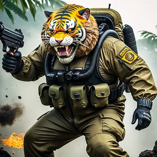 Prompt: (a dark-skinned bearded fat old man in a bulky army camouflage zipper diver suit) holding a gun and (wearing small-sized realistic roaring tiger mask), muscular, Bruce Onobrakpeya, sumatraism, stanley artgermm, action, fierce, snarling, best quality
