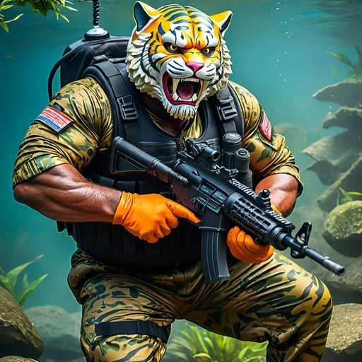 Prompt: (a dark-skinned bearded fat muscular old man in a bulky army camouflage zipper diver suit) shooting with gun and (wearing small-sized realistic roaring tiger mask), muscular, Bruce Onobrakpeya, sumatraism, stanley artgermm, action, fierce, snarling, best quality
