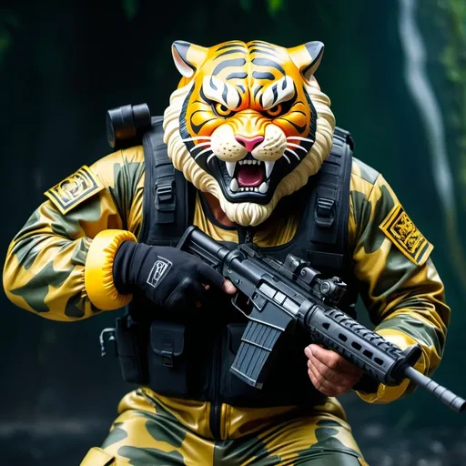 Prompt: (a dark-skinned bearded fat muscular old man in a bulky army camouflage zipper diver suit) shooting with gun and (wearing small-sized realistic roaring tiger mask), muscular, Bruce Onobrakpeya, sumatraism, stanley artgermm, action, fierce, snarling, best quality, powerful