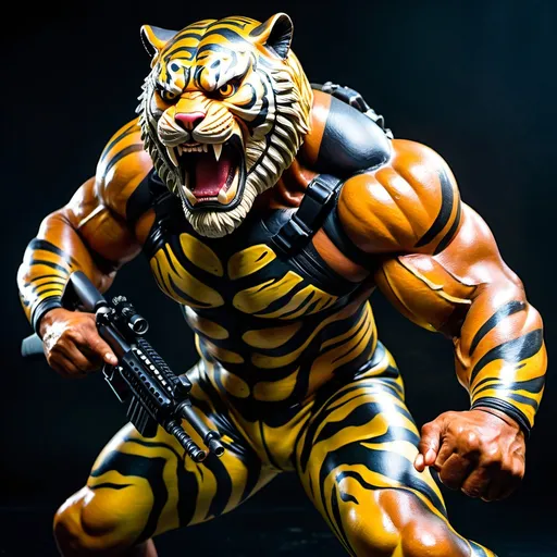 Prompt: (a dark-skinned bearded muscular fat old man in a bulky camouflage zipper diver suit) carrying a rifle and (wearing proportionate realistic roaring tiger mask that show the wearer eyes), muscular, Bruce Onobrakpeya, sumatraism, stanley artgermm, muscular physique, imposing stature,  action, heroic, fierce, snarling, dynamic action pose, fierce expression, showcasing an imposing stature, dramatic shadows and intense highlights, cinematic color tones, high detail, powerful, ultra-detailed, best quality image, action-packed atmosphere.
