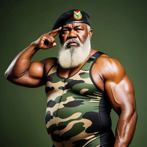 Prompt: (a dark-skinned bearded fat old man in camouflage skintight wetsuit) flexing his biceps, (wearing army beret on his head), muscular,  Bruce Onobrakpeya, sumatraism, action, a character portrait, angry, heroic, fierce