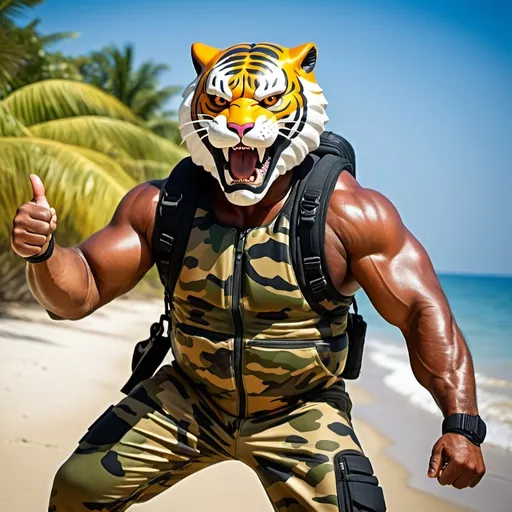 Prompt: (a dark-skinned bearded muscular fat old man in a bulky camouflage zipper diver suit) carrying a rifle and (wearing proportionate realistic roaring tiger mask that show the wearer eyes), muscular, Bruce Onobrakpeya, sumatraism, stanley artgermm, muscular physique, imposing stature,  action, heroic, fierce, snarling, best quality, thumbs up pose, beach background